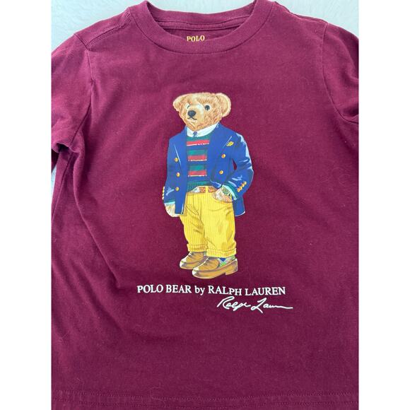 Polo Ralph Lauren Kids 2T Long Sleeve Polo Bear Graphic Shirt Burgundy - Picture 3 of 5